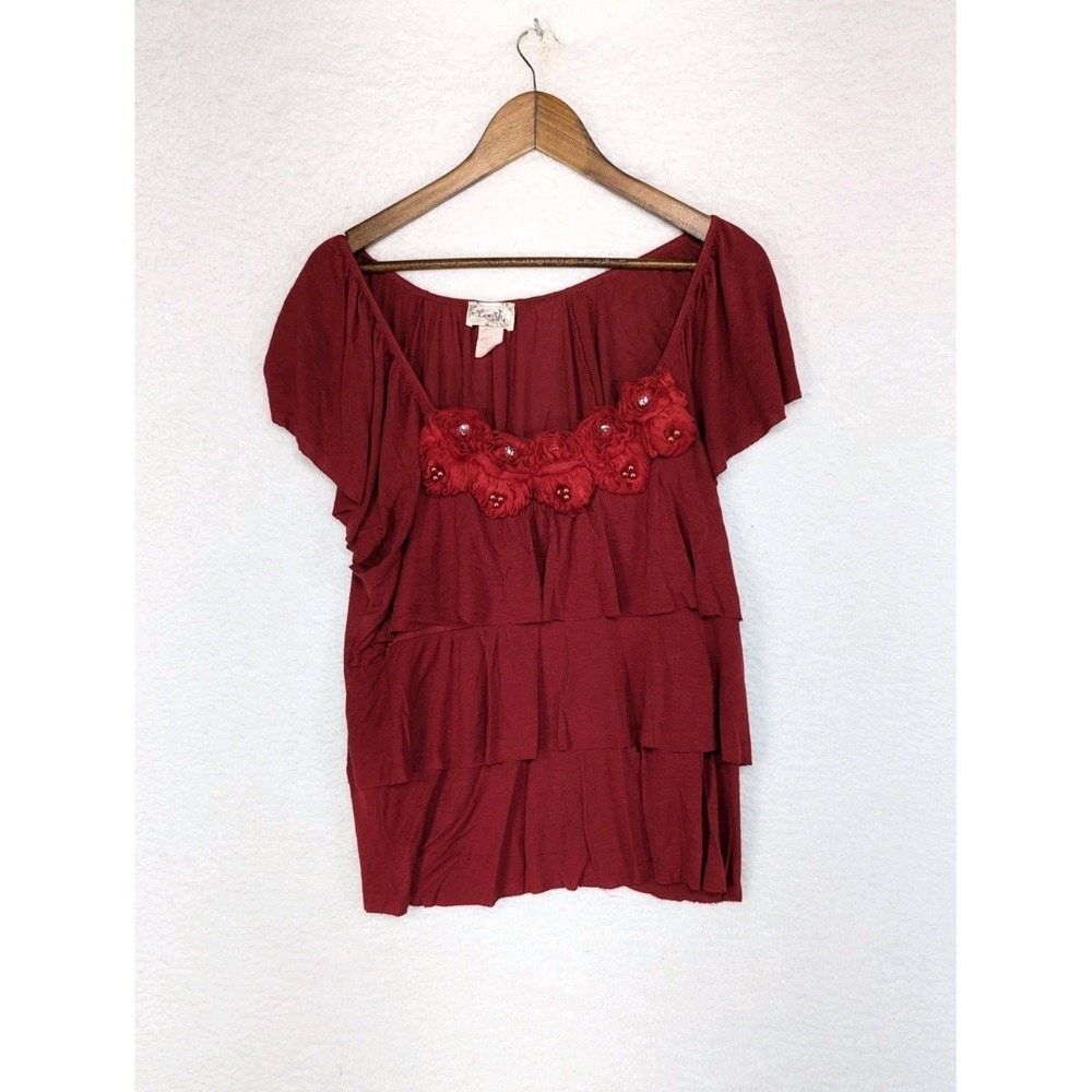 Vintage Lavish Plus Top Red Floral Embellished‎ Front Short Sleeve USA 1X